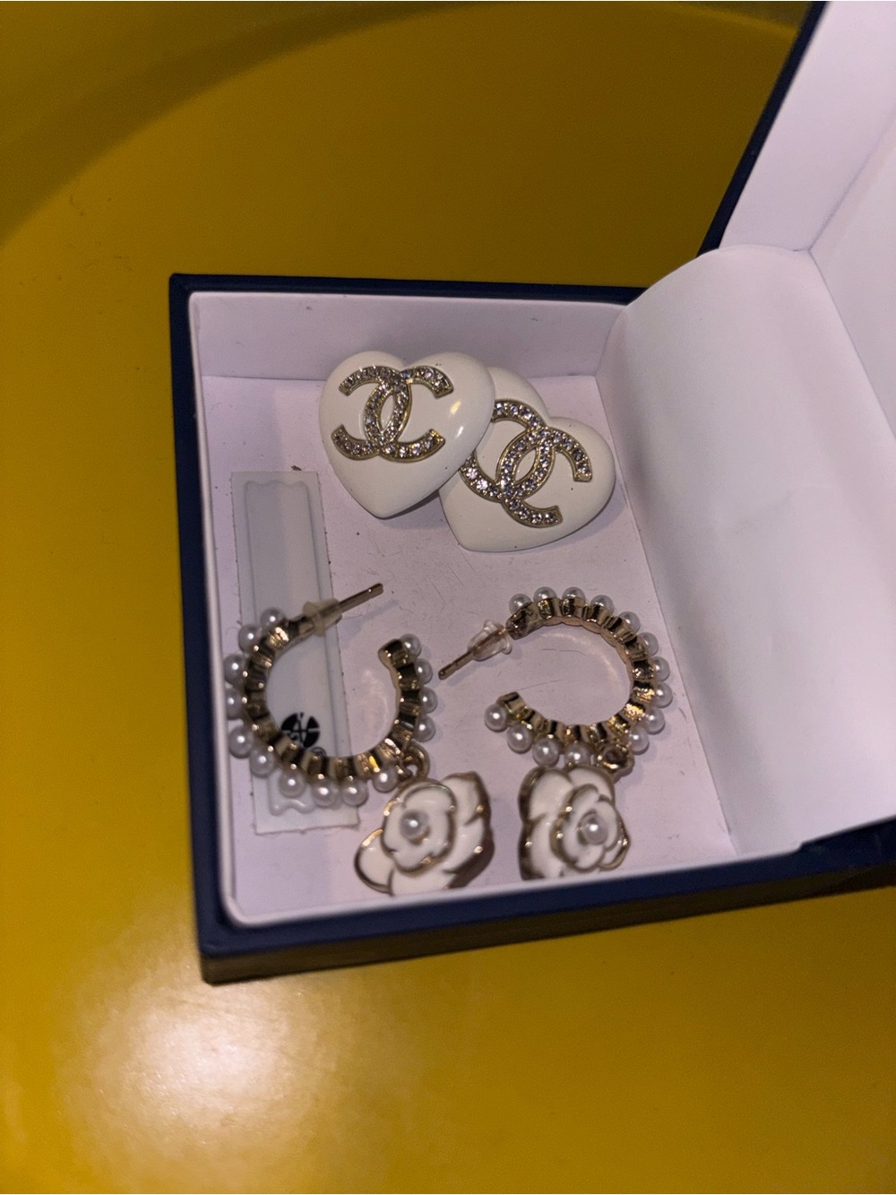 White Heart Logo, Pearl Hoop & Camellia Stud Earring Set